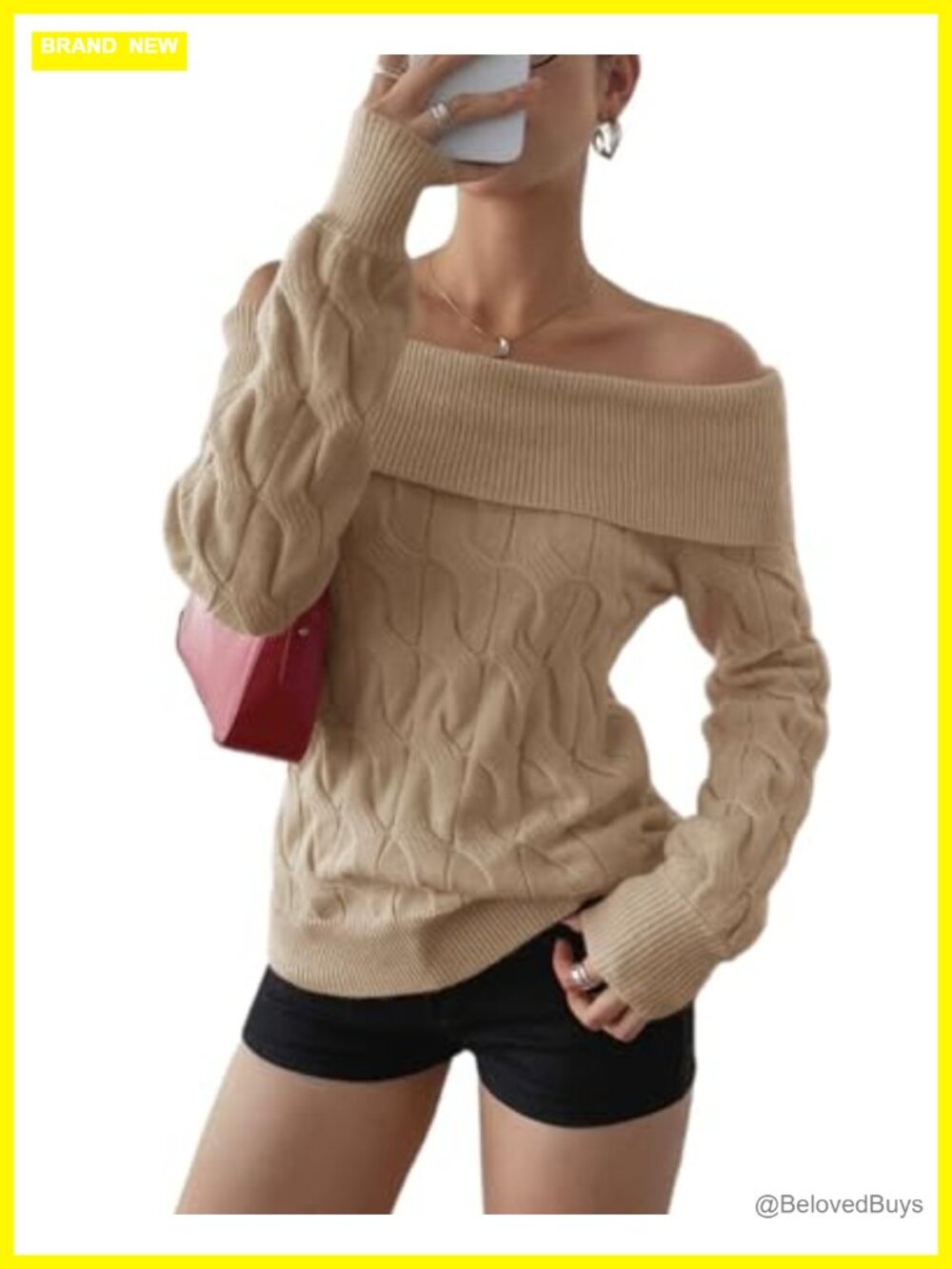 Off Shoulder Cable Knit Sweater Long Sleeve Chunky Pullover Women